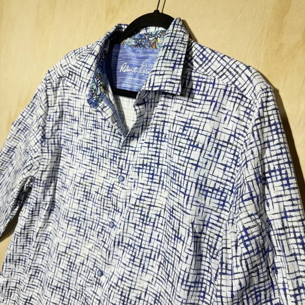 Robert Graham Shirt XL Blue‎ White Abstract Button Up Flip Cuff Mens